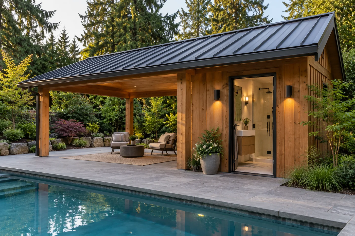 Cedar pool house with a basin and shower visible through the bathroom doorway beside a covered seating porch.