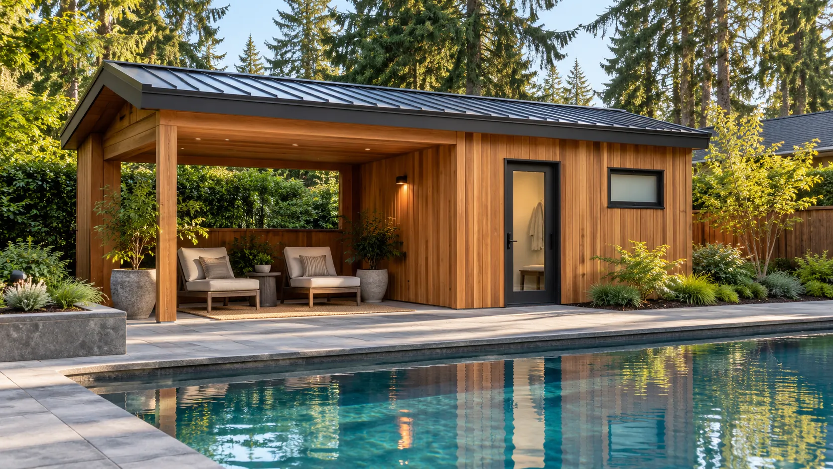 Cedar-clad pool house with a dark pitched roof, covered seating and an enclosed changing room beside an outdoor pool.