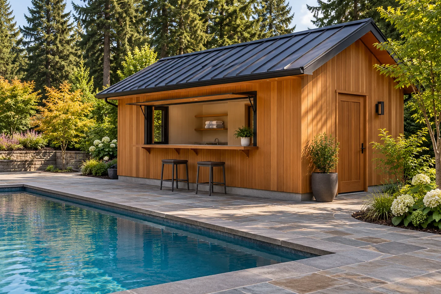 Cedar pool house with an open serving window, counter and two stools beside a paved swimming pool.